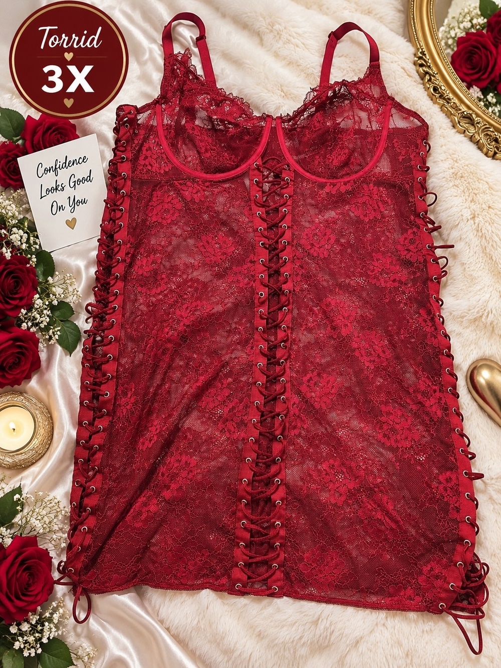 Torrid 3X Burgundy Floral Lace Corset Chemise Underwire Lace-Up Lingerie